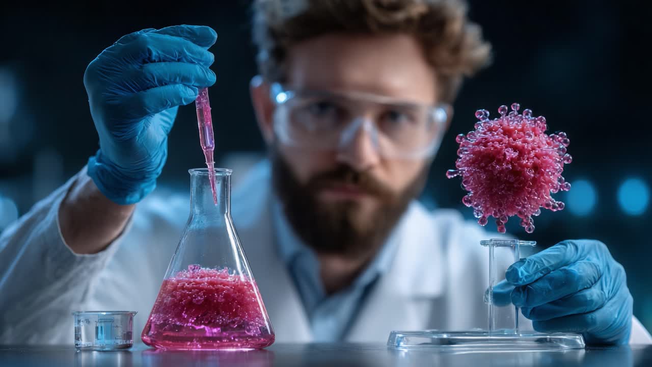 A dedicated scientist in a lab conducts experiments with a vibrant pink substance, comparing results in a flask and on a display, showcasing innovative research in virology