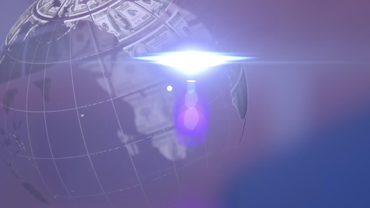 animação de globo rotativo de notas de dólar e luz em movimento em fundo escuro desfocado