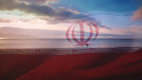 digital composition of iran flag waving against man with surfboard walking on the beach