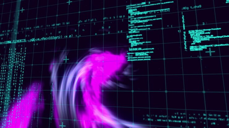 Animation of data processing and shapes on black background