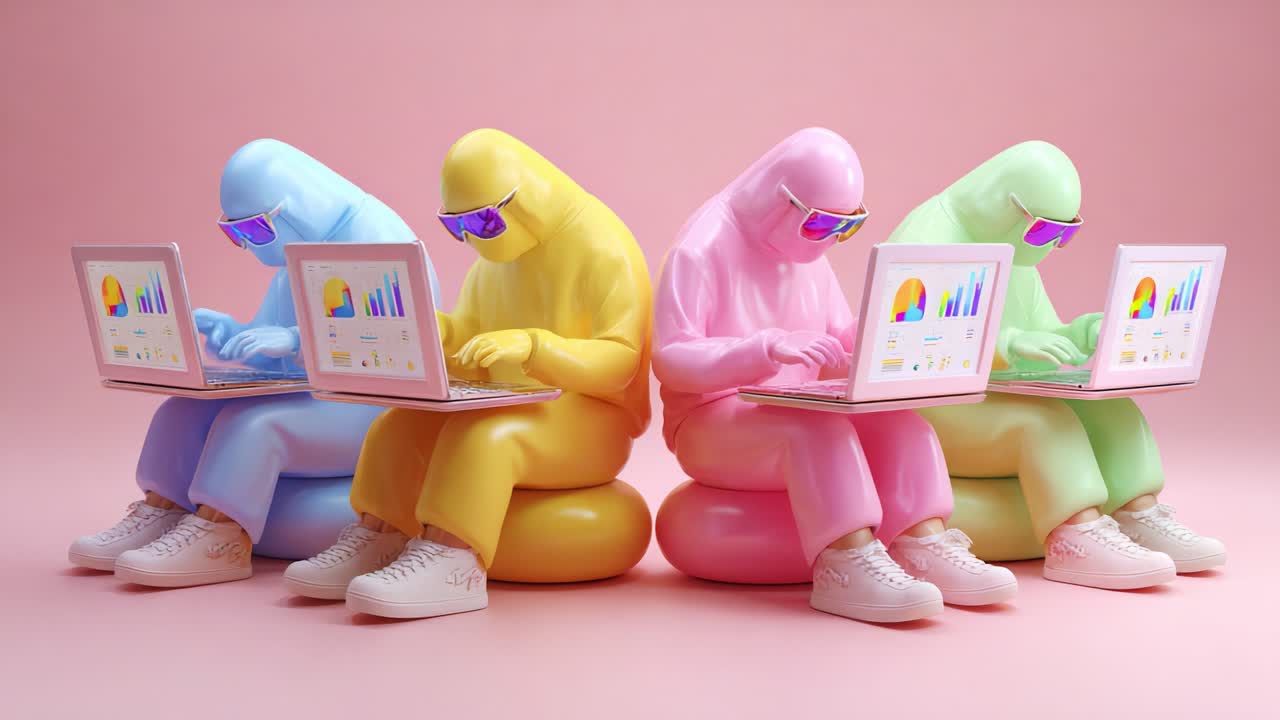 Colorful Figures Engaged in Data Analysis on Laptops: A Vibrant Display of Modern Technology and Creativity Showcasing Four Figures in Bright Attire Interacting with Graphs