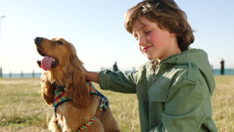 child, dog and beach park on summer vacation