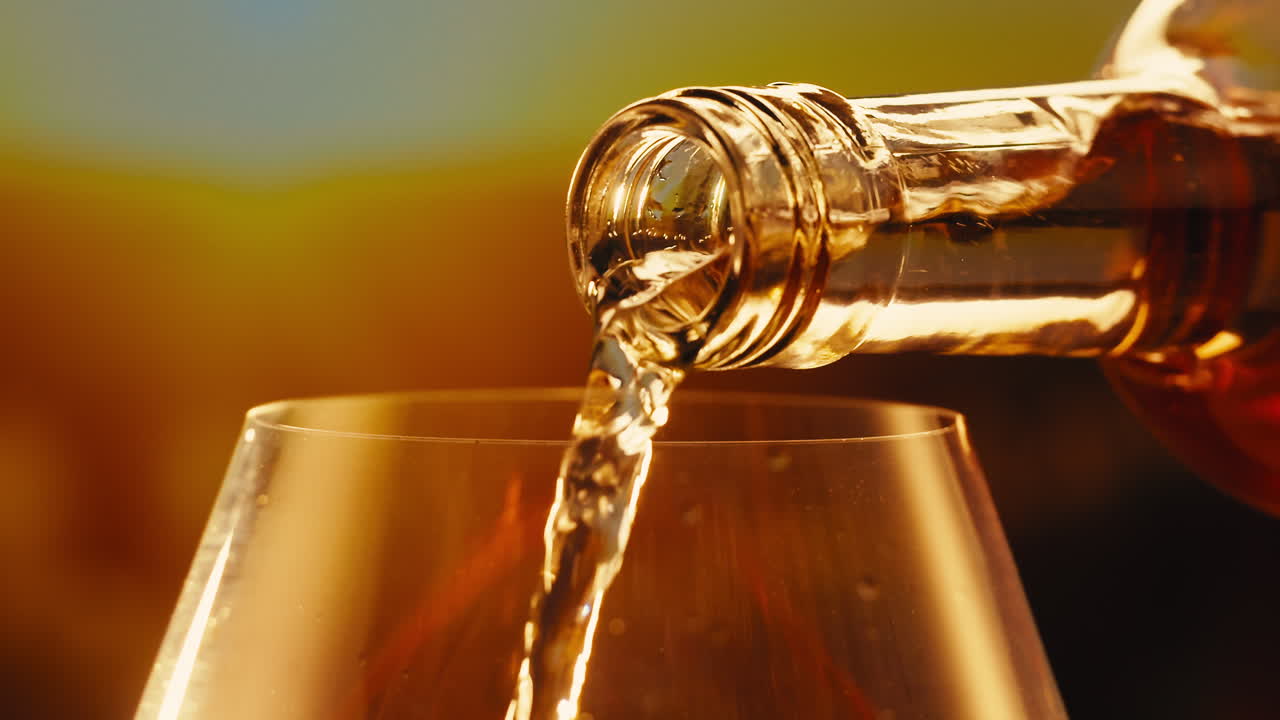 Orange or white wine bottle and glass against a sunset in a peaceful vineyard, pouring of ecological natural wine.