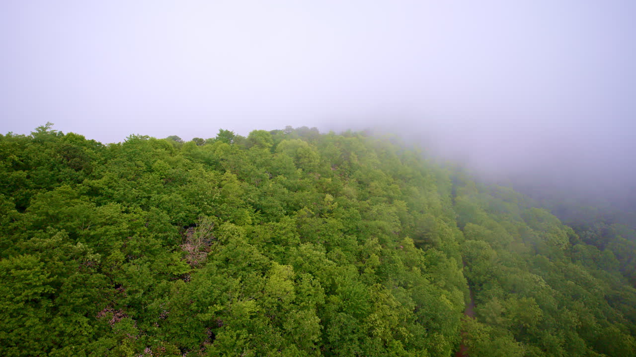 Cinematic drone pass highlighting foggy Appalachian ridges