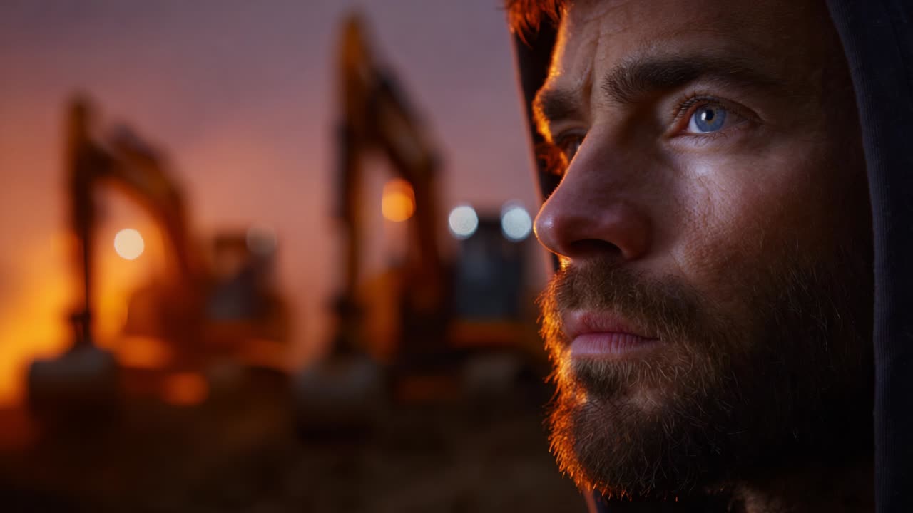 A Gritty Portrait of Determination: A Man Emerges from the Shadows with Intense Eyes Gazing into the Distance, Overseeing Construction Equipment and Heavy Machinery in a Dimly Lit Landscape