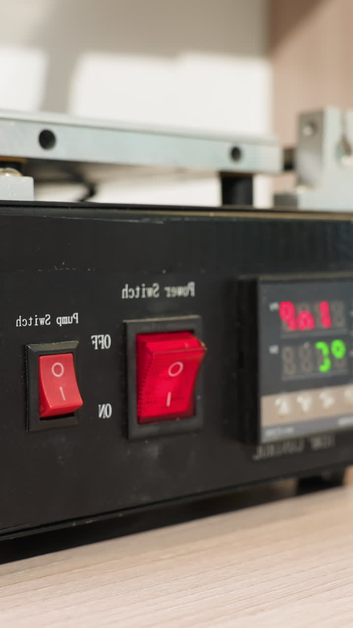 una vista de cerca de la mano con guantes de un técnico presionando el interruptor de energía rojo en un dispositivo de control de temperatura negra