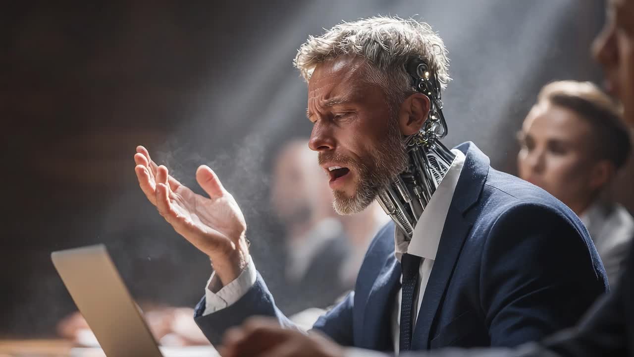A Cybernetic Being in a Business Meeting, Expressing Emotion and Engagement While Interacting with Digital Technology in a Modern Corporate Environment