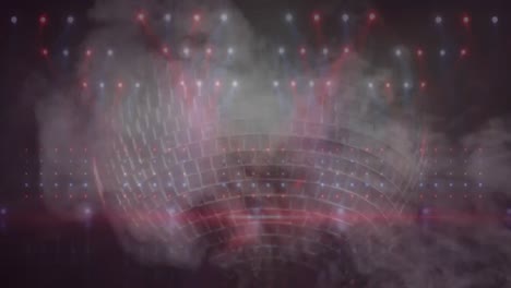 animación de puntos de luz y efecto de humo sobre una pelota de discoteca giratoria contra un fondo negro