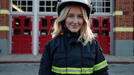 confident blonde female firefighter standing in uniform and protective helmet, smiling near red fire station doors, embodying professional dedication and community service