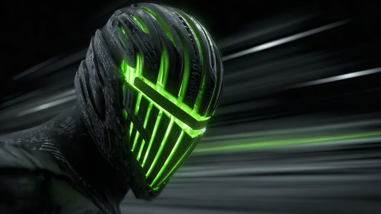 A futuristic character stands with a sleek helmet featuring glowing green lines, showcasing a dynamic, high-tech design that conveys speed and modernity