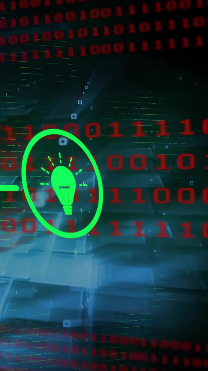 Vertical video: Green bulb icon sliding in after pause, pulsing to signal idea against red binary