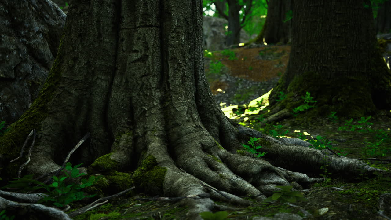 Ancient tree roots emerge from the forest floor in a serene woodland setting
