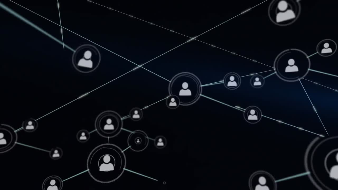 Animation of network of profile icons against blue light trails on black background