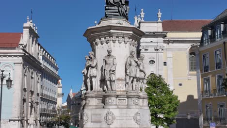 majestic statue of luis de camoes, portugal's most celebrated poet, dominating lisbon's praca luis de camoes under a clear blue sky