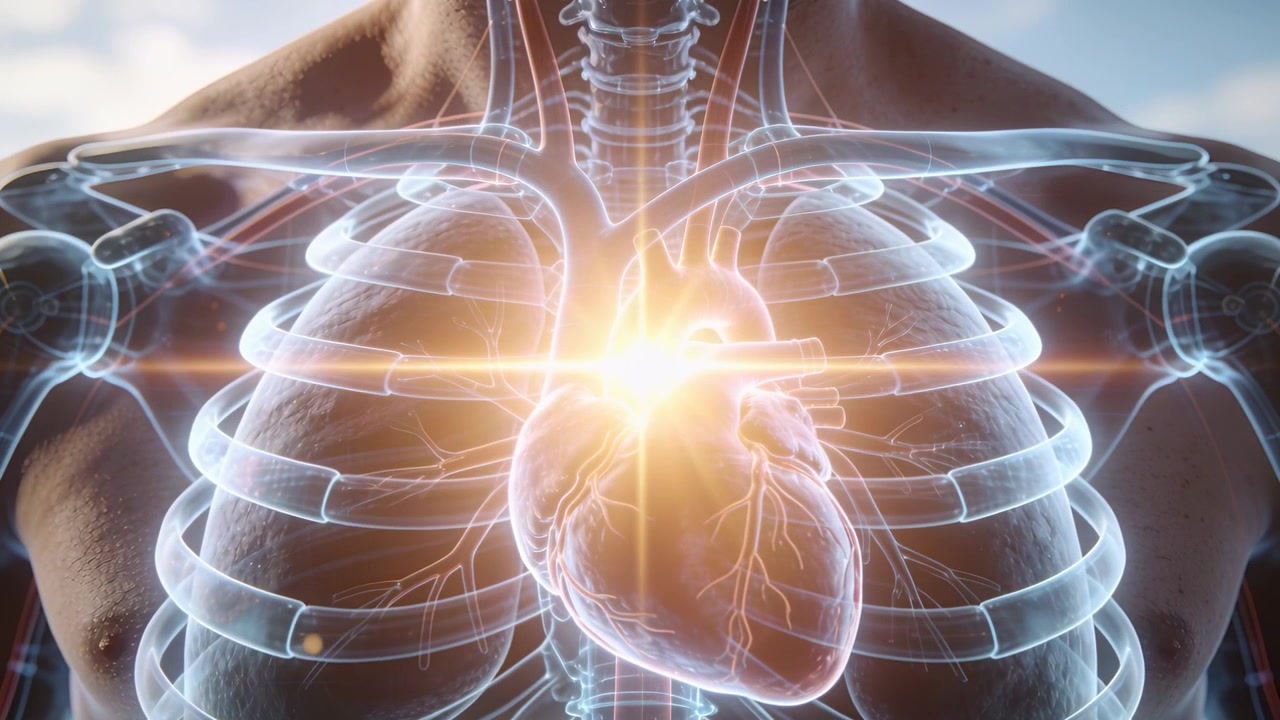 Torso nudo clinico luminoso che mostra un cuore 3D pulsante, mentre il bagliore innesca un flash, evidenziando l'attività cardiaca.