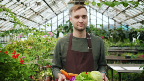 gardener holding wooden crate of vegetables in a greenhouse