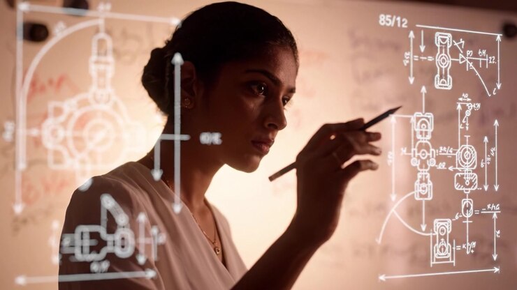 A focused individual engaged in writing technical concepts on a transparent board, showcasing intricate designs and calculations aligned with academic research.