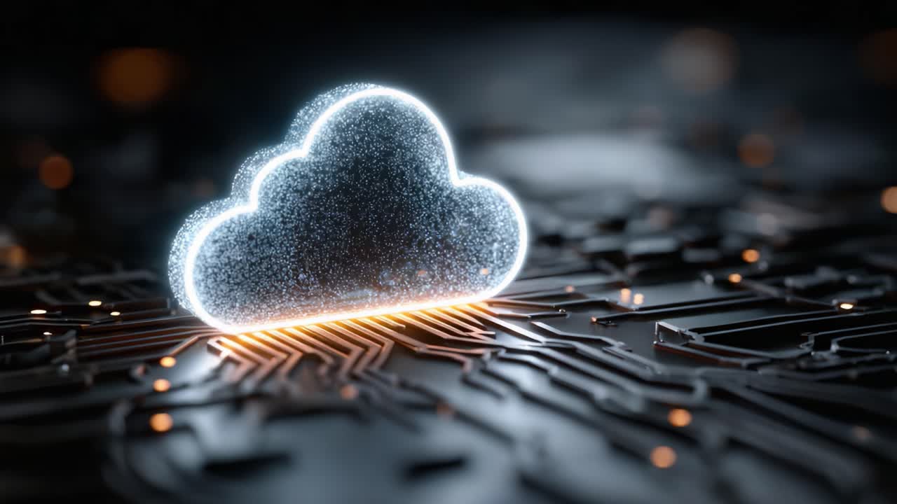 L'evoluzione della tecnologia cloud: da scintilla luminosa a framework vivace che rappresenta la connettività continua dei dati su un circuito stampato