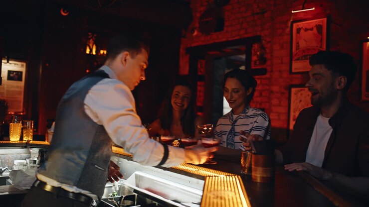 Bartender attento serve i clienti in un bar notturno, primo piano. Lavoratore professionista