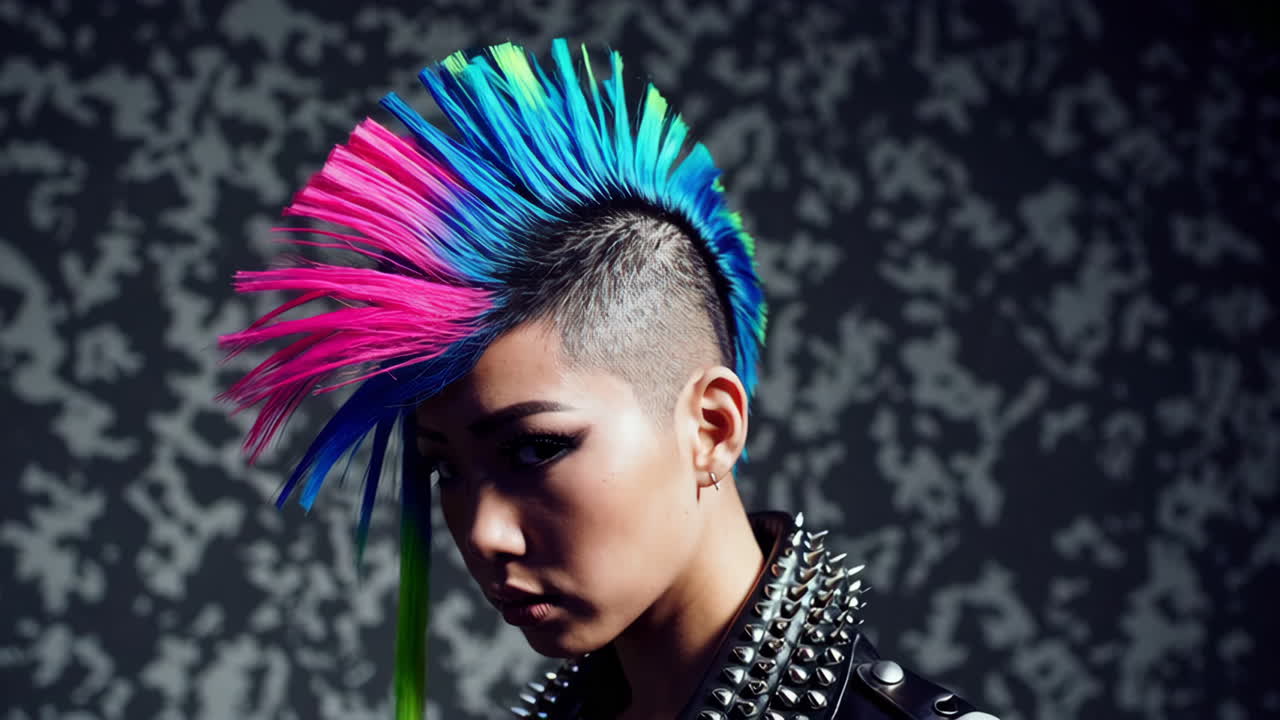 Woman with vibrant mohawk and leather jacket