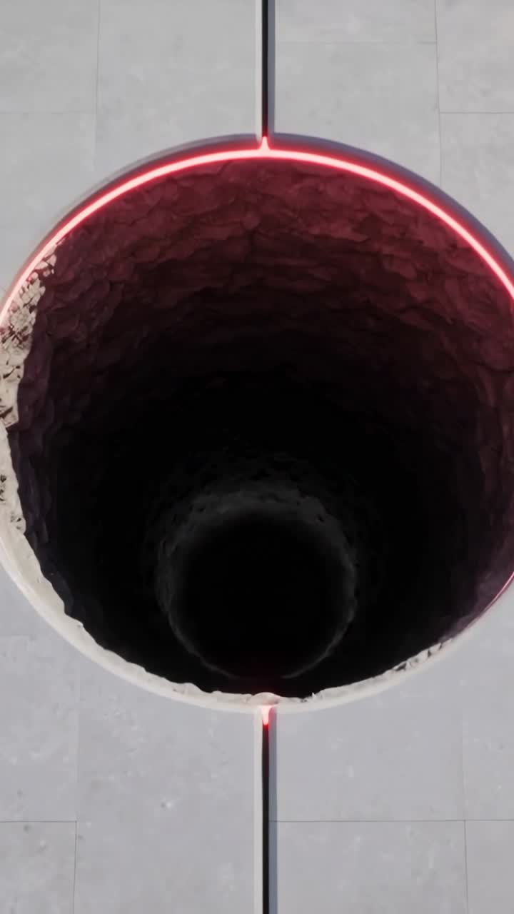 Video verticale: Rimozione di un tappo circolare che rivela un bordo rosso su una parete di lastre quadrate, esponendo un pozzo profondo