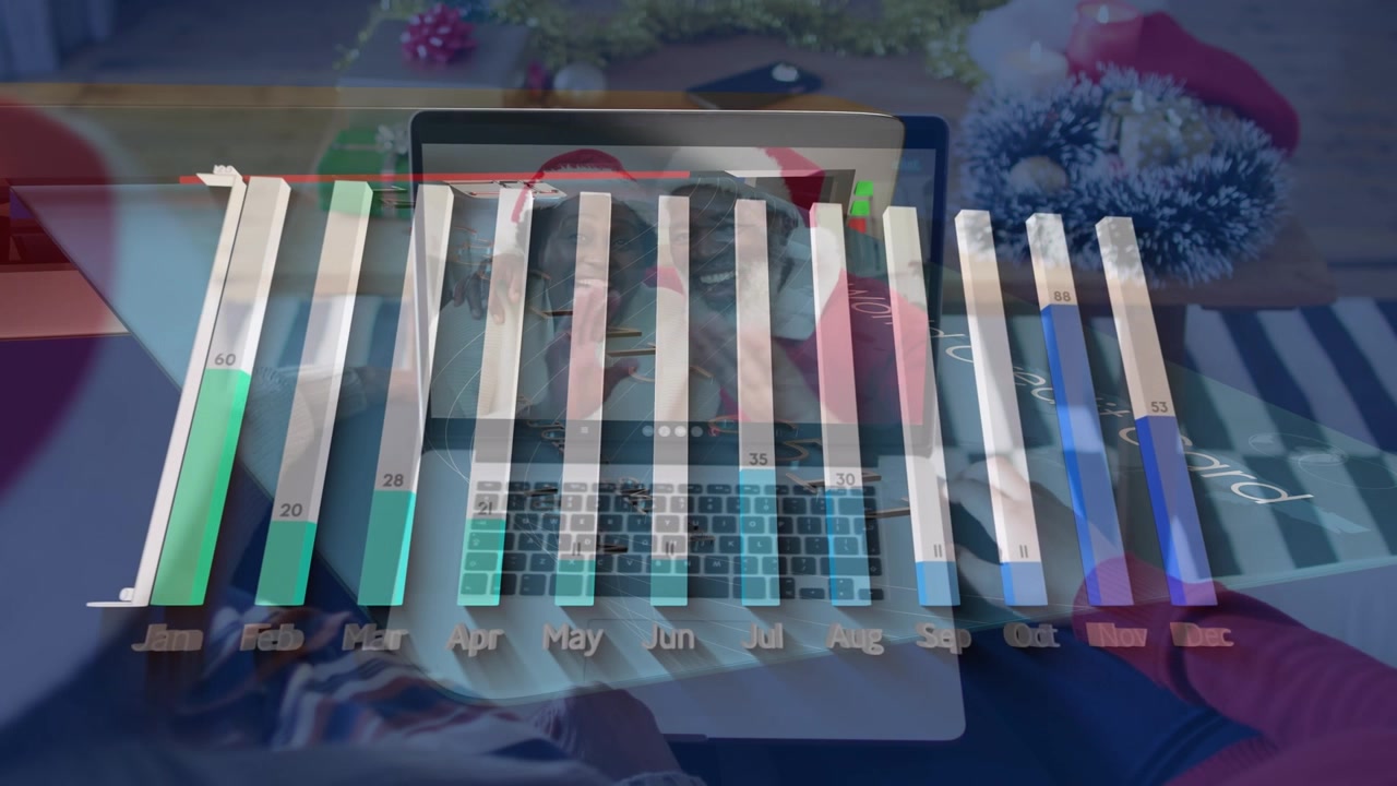 Animation of data processing over african american couple having video call with family
