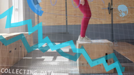 animation of interface processing data over caucasian woman jumping on boxes cross training at gym