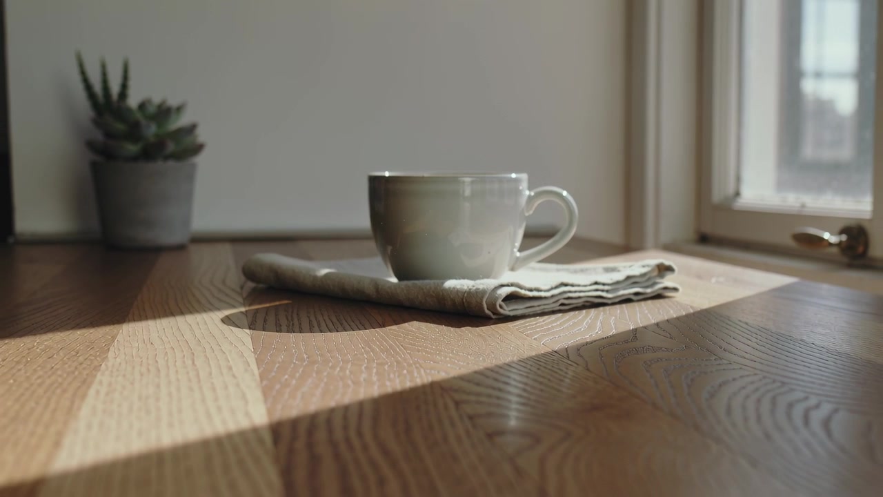 La telecamera si allontana mostrando una tazza in ceramica su un panno, su un tavolo in legno vicino a una finestra con una pianta grassa
