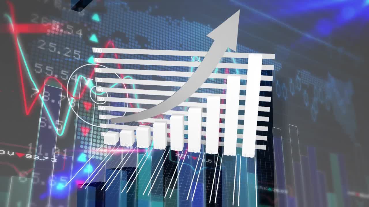 Animación de procesamiento de datos financieros sobre fondo oscuro