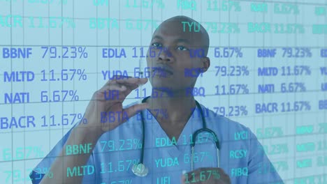 stock market data processing against male doctor holding a syringe