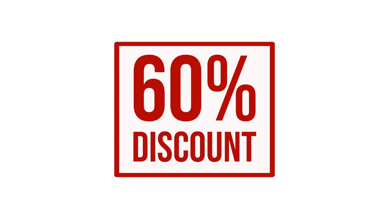 Animation 60% discount label motion graphic with bold red typography on white background, ideal for sales promotions, special offers, retail advertising, marketing campaigns, and e-commerce videos.