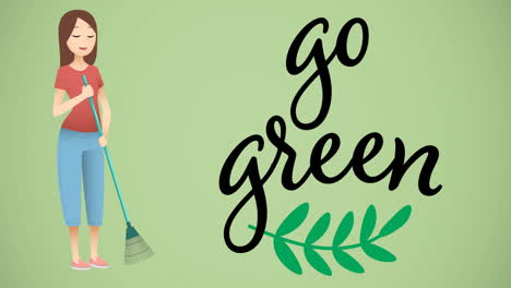 animación de texto verde y hoja sobre mujer con rastrillo sobre fondo verde