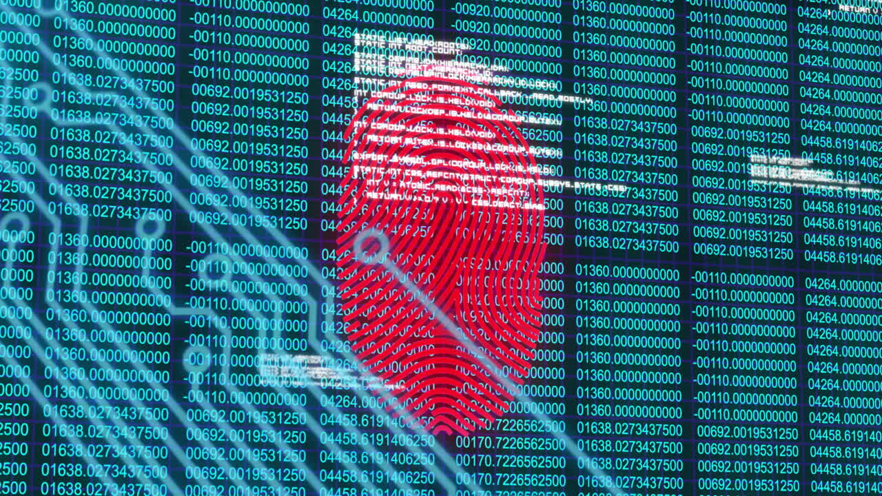Fingerprint overlay on code background, illustrating animation of cybersecurity in school