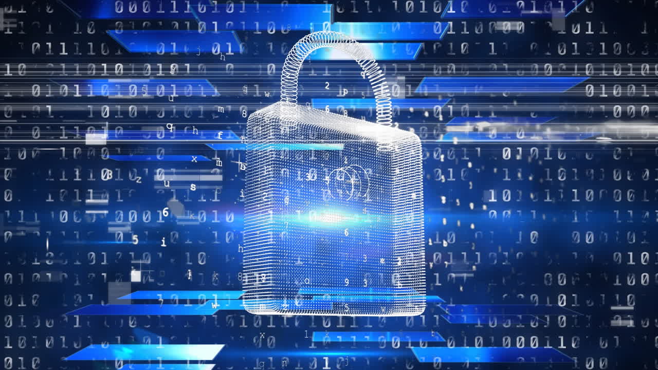 Animation of padlock with binary data processing and blue glowing shapes, on black