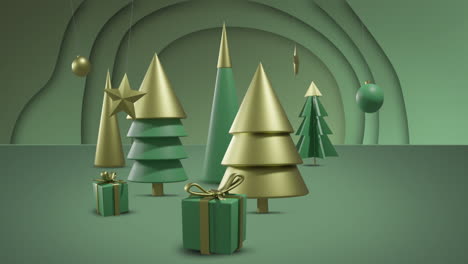 modernist green and gold christmas trees, with gifts and baubles on green background