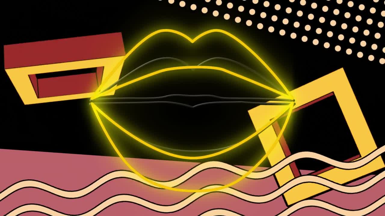 animación de cuadrados giratorios, ondas y labios de neón sobre fondo negro