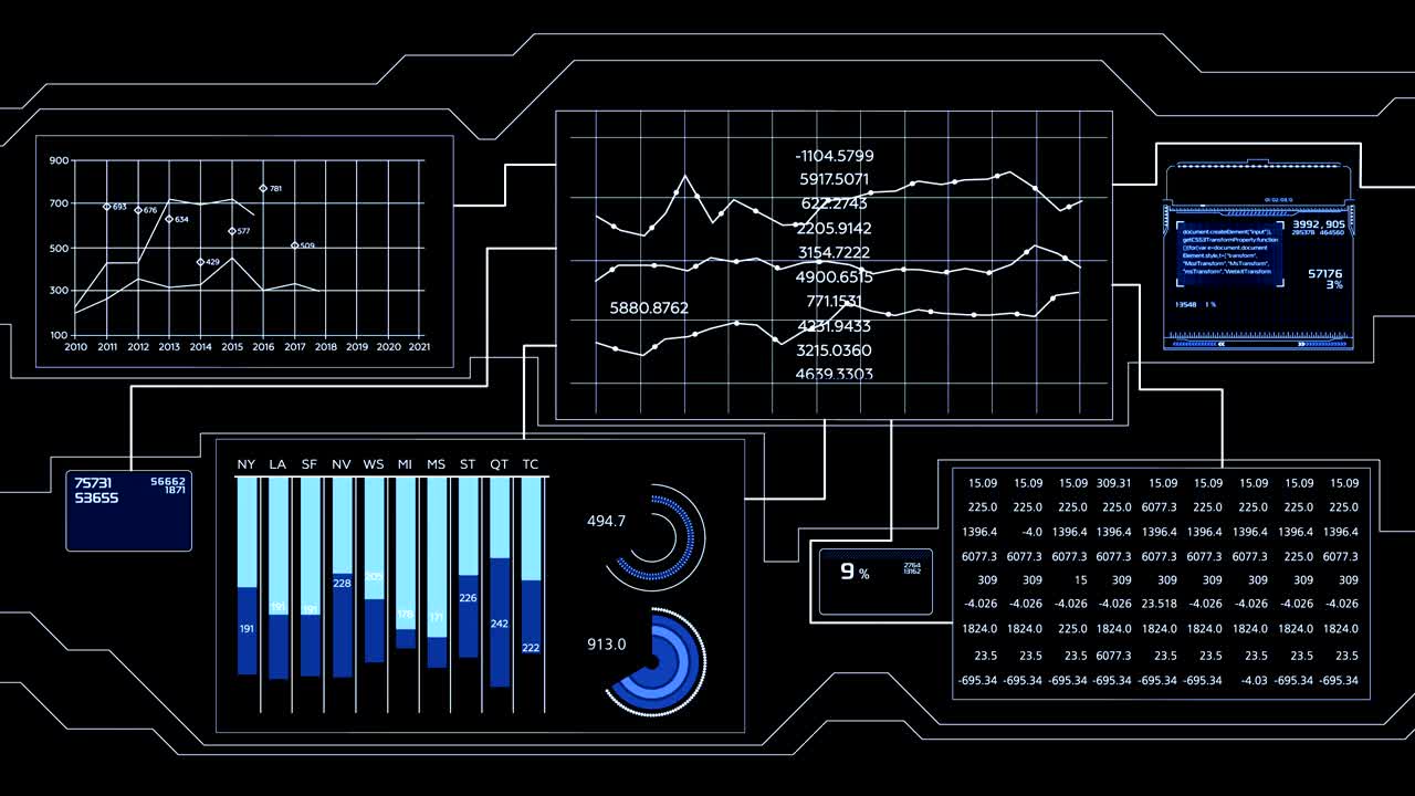 Beautiful Blue Hologram on Black With Flares and Flashes Working Futuristic Technological Interface Appearing with Graphs and Numbers Analyzing Data HUD Business Concept. 4K UHD 4096x2160.
