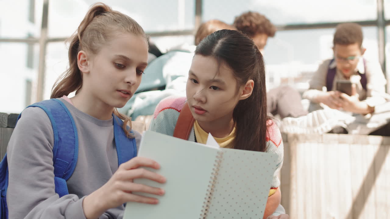 School Girlfriends Discussing Homework Outdoors