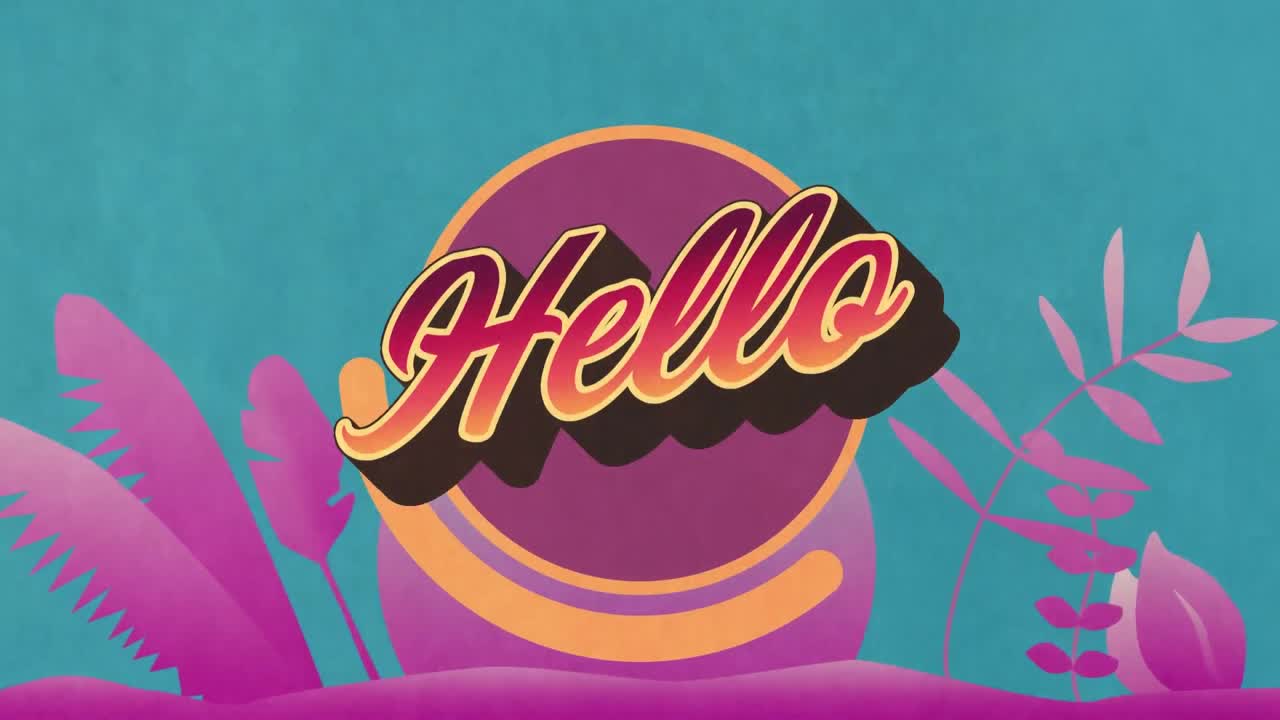 Animation of hello text over purple plants