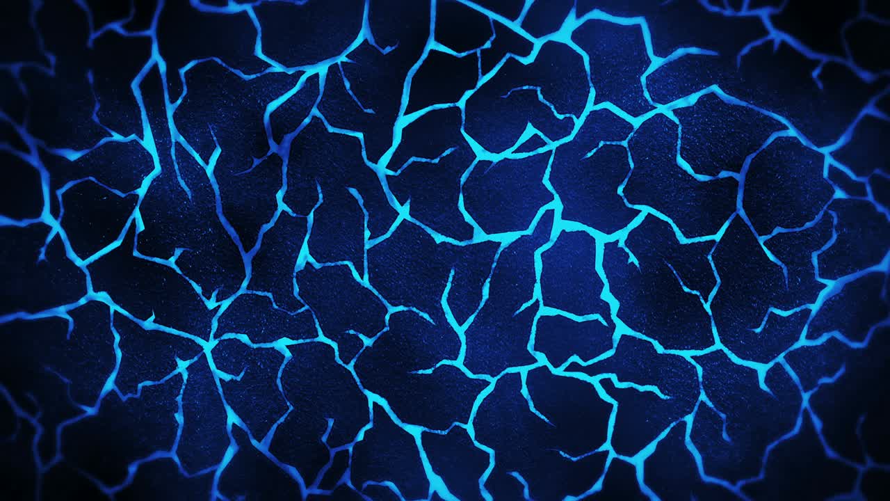 파란색 균열 된 땅과 함께 어두운 배경, 연기, 안개, 먼지, 녹은 용암의 루프 애니메이션, 지구 표면, 열 연소 바닥.