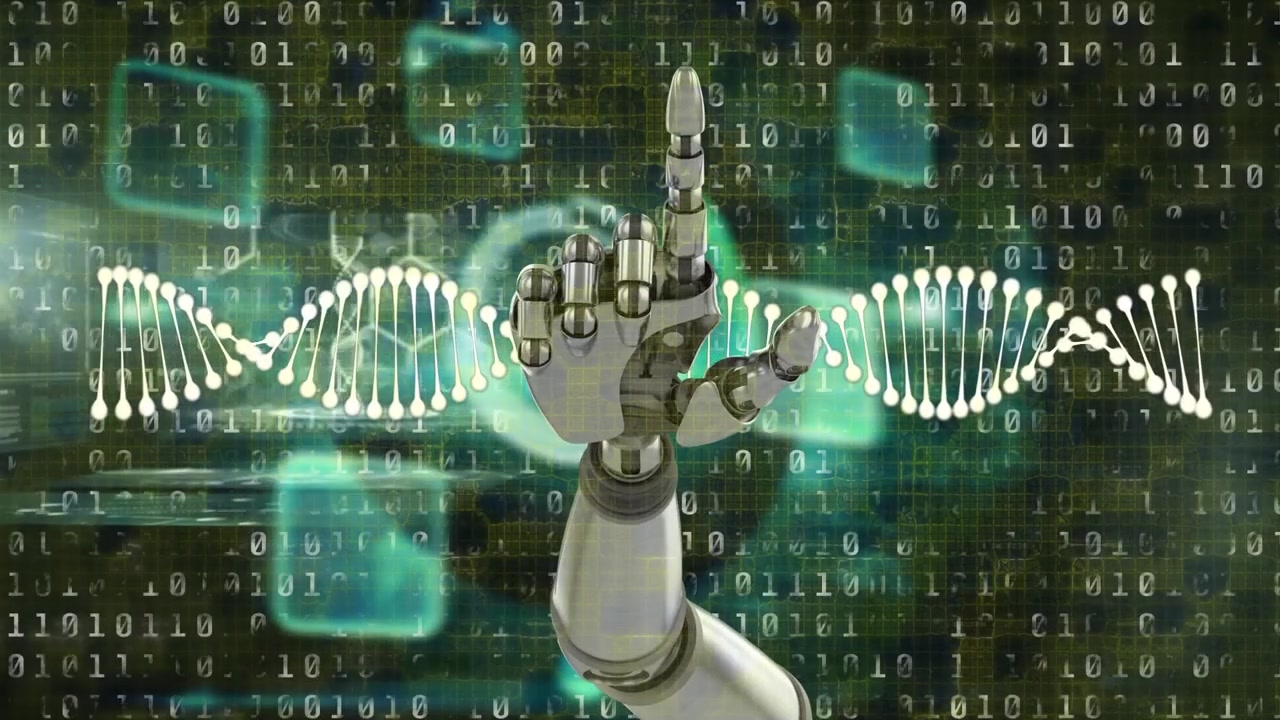 Animazione di elaborazione di dati binari su filamenti di DNA che ruotano.