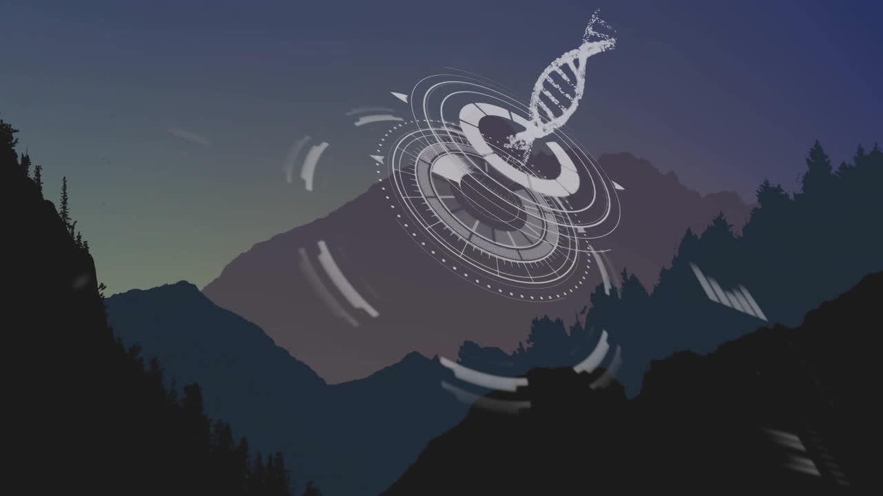 DNA strand and digital interface animation over mountain landscape at dusk