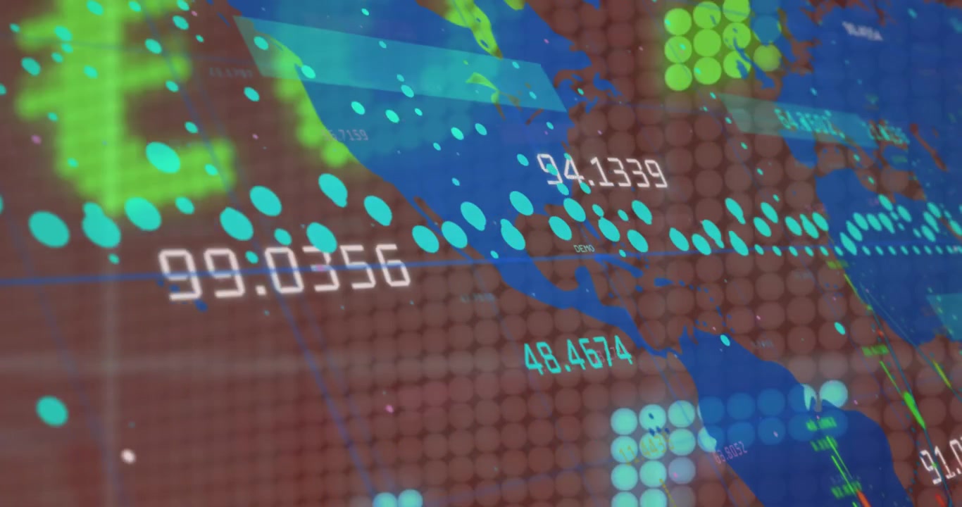 Animation av världskarta och finansiell data över brun bakgrund