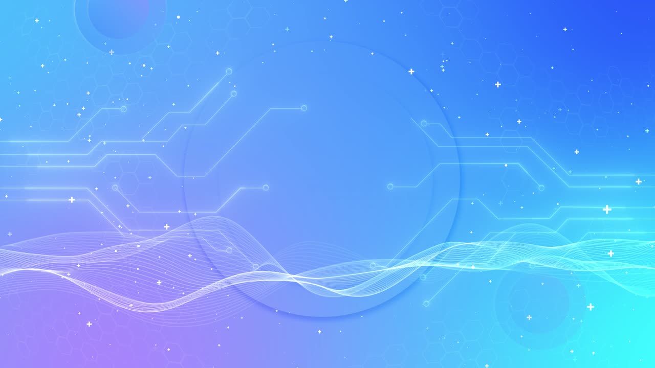 Onde tecnologiche blu futuristiche, sfondo luminoso, linee d'onda, circuiti e griglie, un design moderno high-tech.