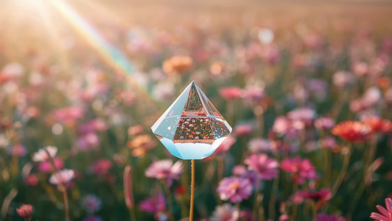 Sun rays filtering causing prism droplet rotating atop bud in sunlit meadow, refracting daisies