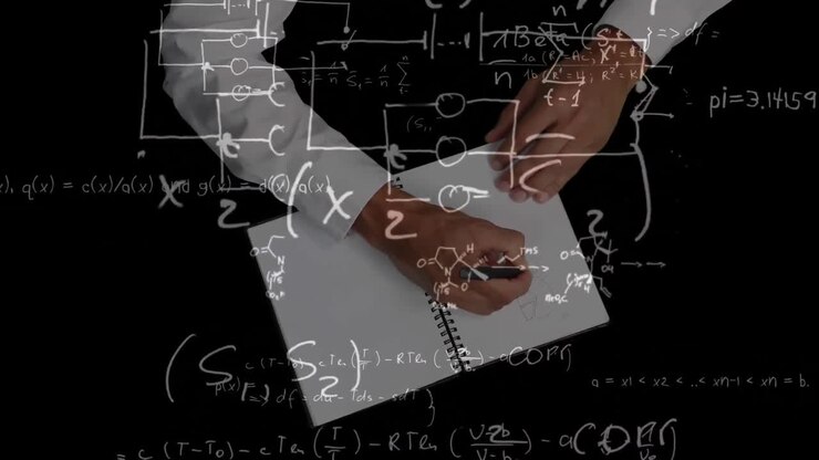 Mathematical equations over man drawing.