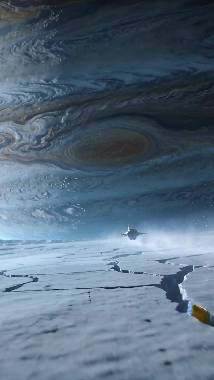 Vertical video: Engines firing, craft skimming low above ice plain, mapping fissure under gas giant