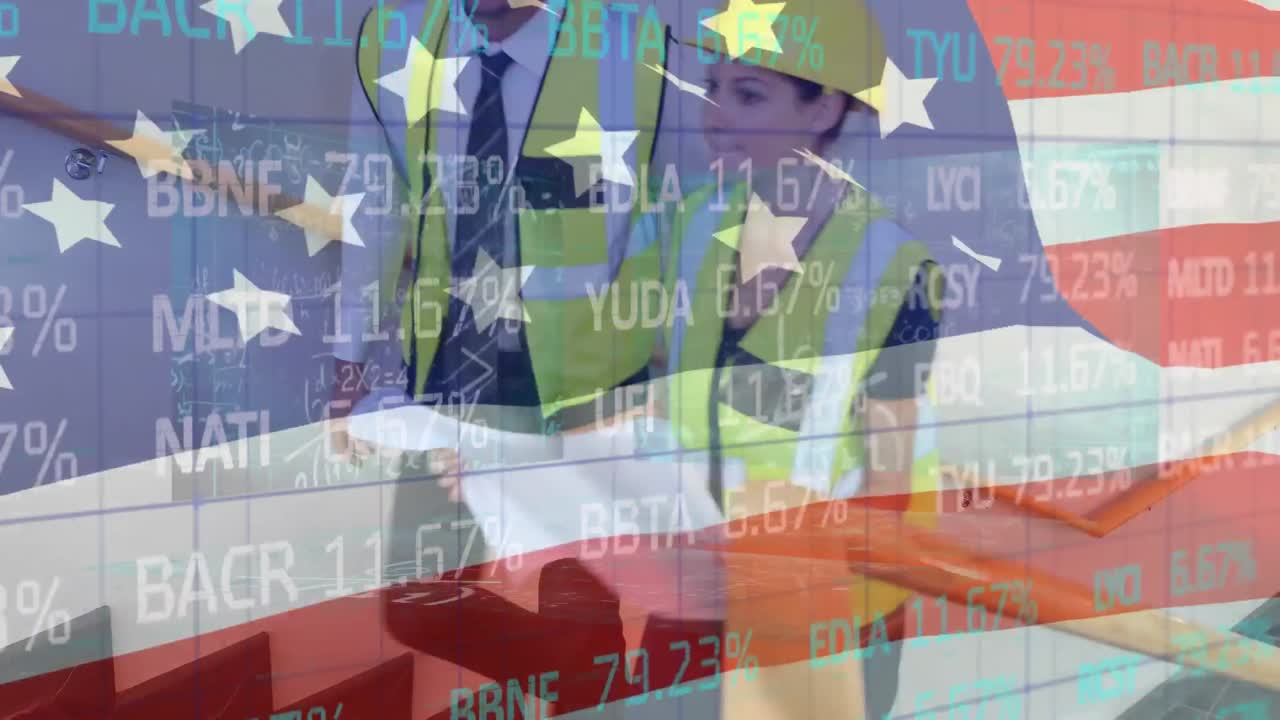 ecuaciones matemáticas sobre la bandera estadounidense sobre los trabajadores del sitio.