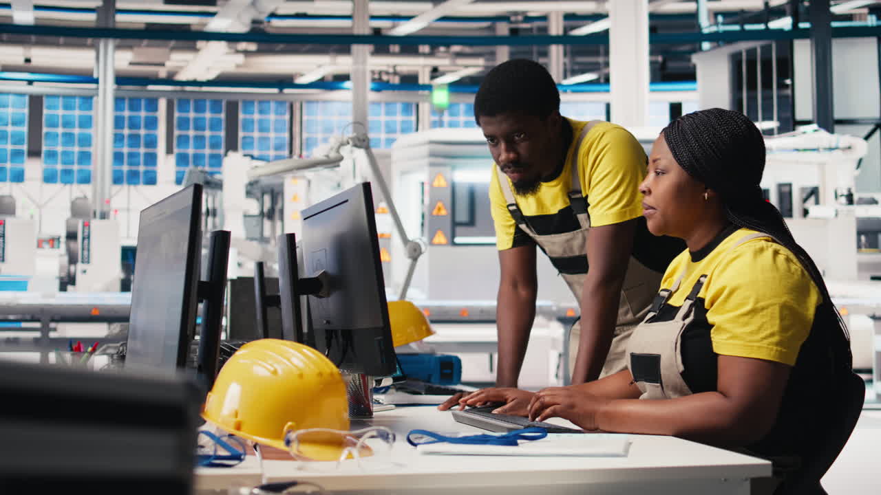 Vertical Video Team of black technicians finetuning the solar panels manufacturing at the plant