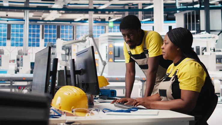 Vertical Video Team of black technicians finetuning the solar panels manufacturing at the plant
